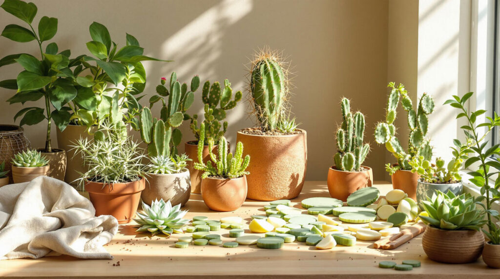 Cactus Display with Mature Plants and Fresh Cuttings for Propagation