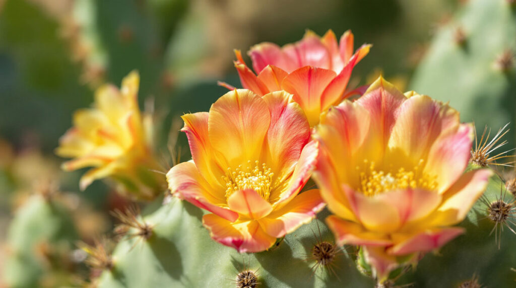 Close Up of Blooming Prickly Pear Cactus with Vibrant Flowers