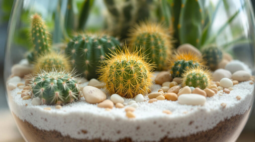 Close Up of Small Cactus Terrarium with Sand and Stones