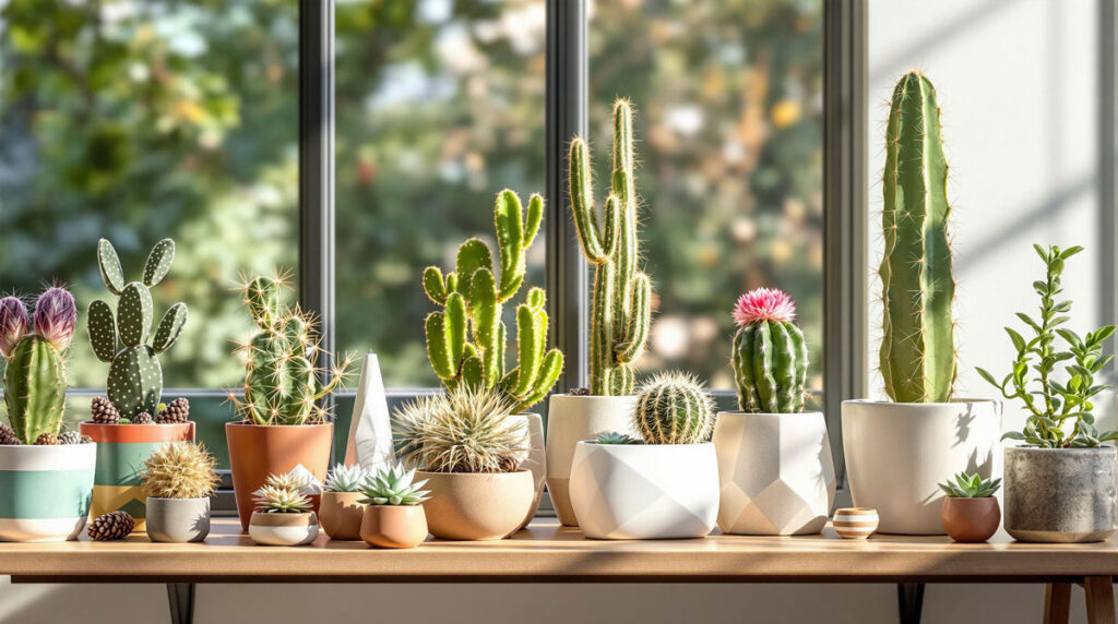 Curated Indoor Collection of Unique Cacti Displayed Near a Window