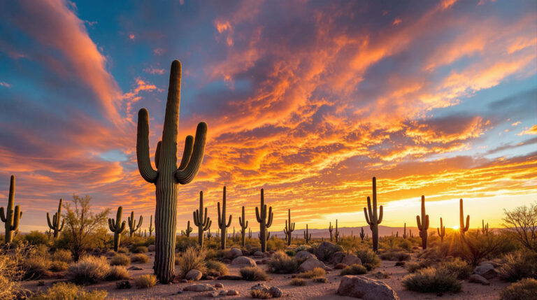 Desert Landscape with Cacti at Vibrant Sunset