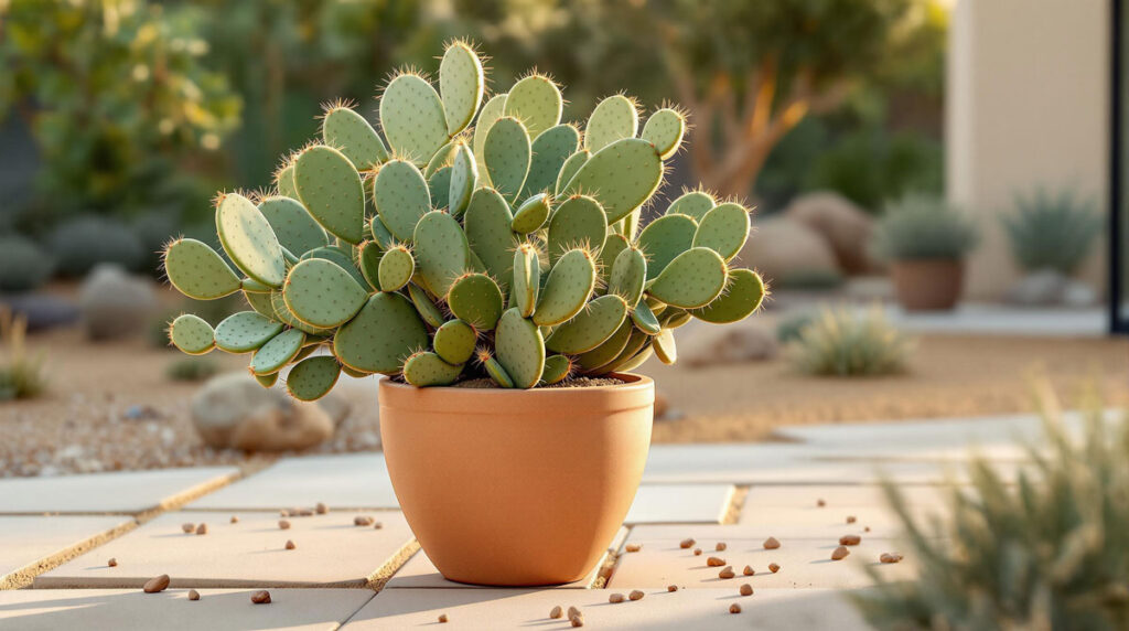 Sprawling Opuntia in a Wide Terracotta Pot Outdoors