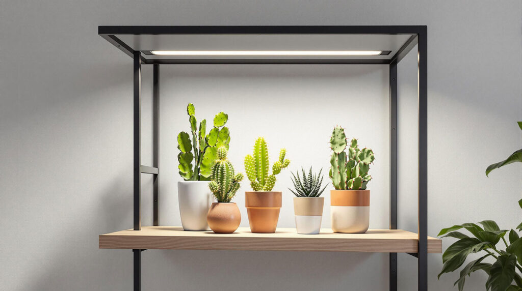 Stylish Shelf with LED Grow Lights and Cacti