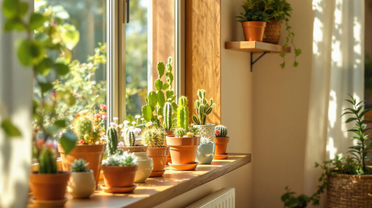 Sunlit Indoor Display of Potted Cacti on a Windowsill