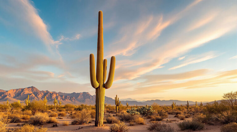 Wide Desert Landscape with Saguaros and Organ Pipe Cacti at Sunset